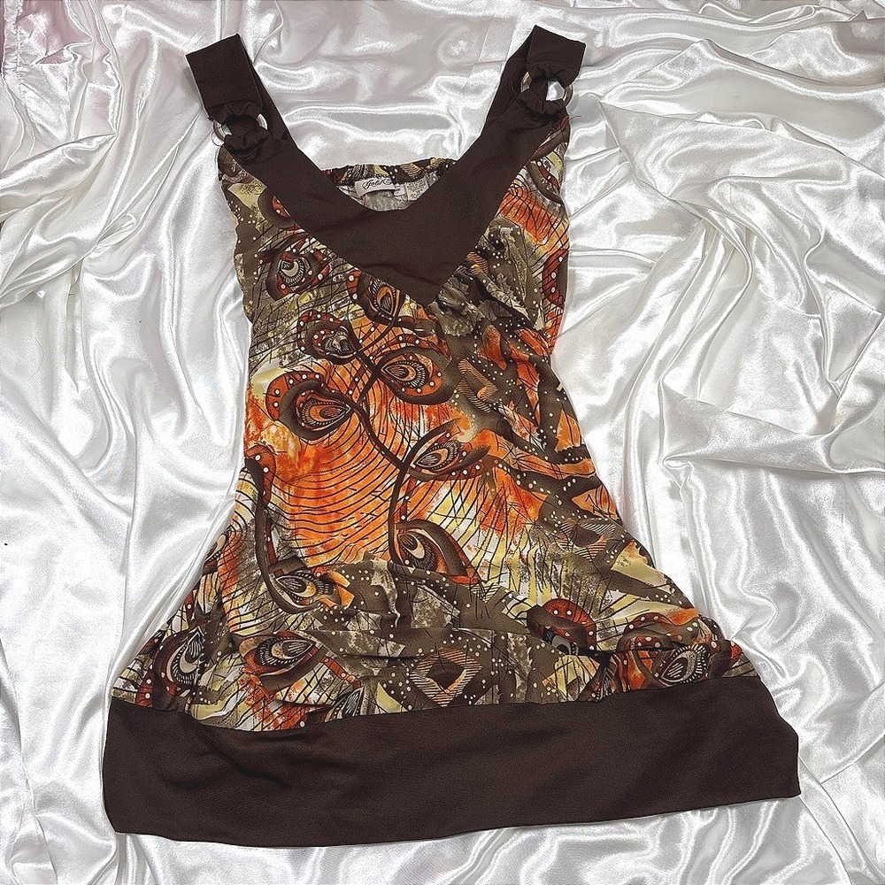 y2k Sleeveless Top Brown Excellent Gold Flava Abstract Print O-Ring Plus 16